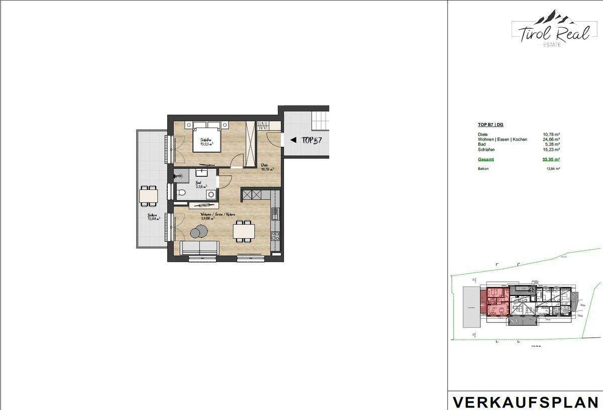 Grundrissplan einer Wohnung mit Wohn-/Essbereich, Schlafzimmer und Balkon.