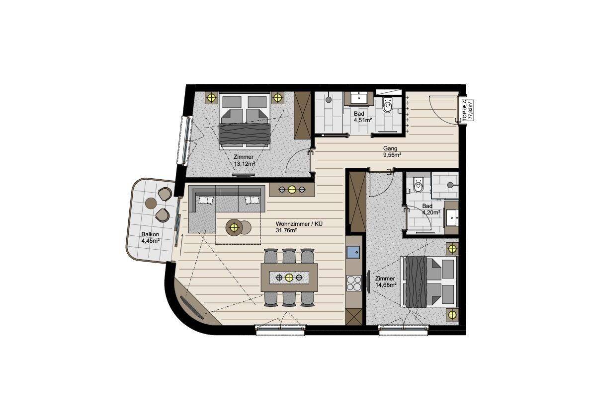 Grundriss einer Wohnung mit zwei Schlafzimmern, offenem Wohnbereich und Balkon.