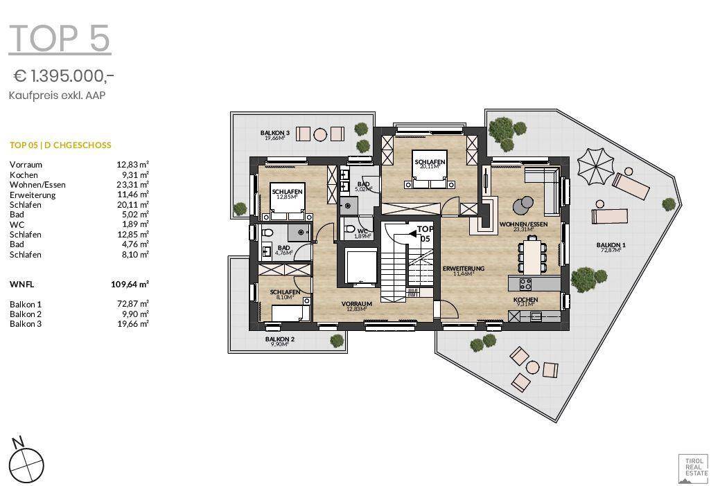 Grundriss der Wohnung TOP 5 mit drei Schlafzimmern, offenem Wohnbereich und mehreren Balkonen und Terrassen.