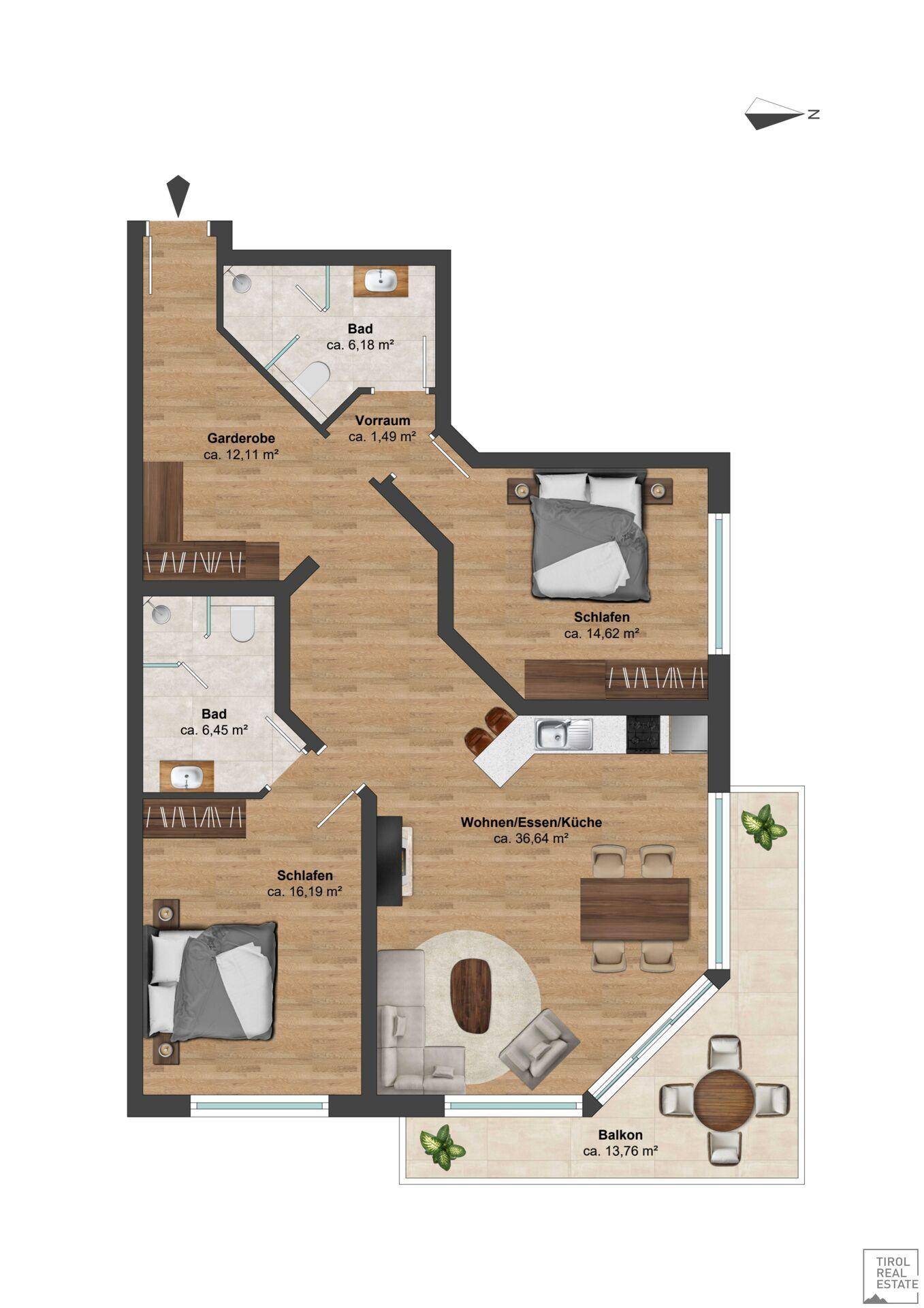 Übersichtlicher Grundriss einer modernen Wohnung mit zwei Schlafzimmern, offenem Wohnbereich und Balkon.