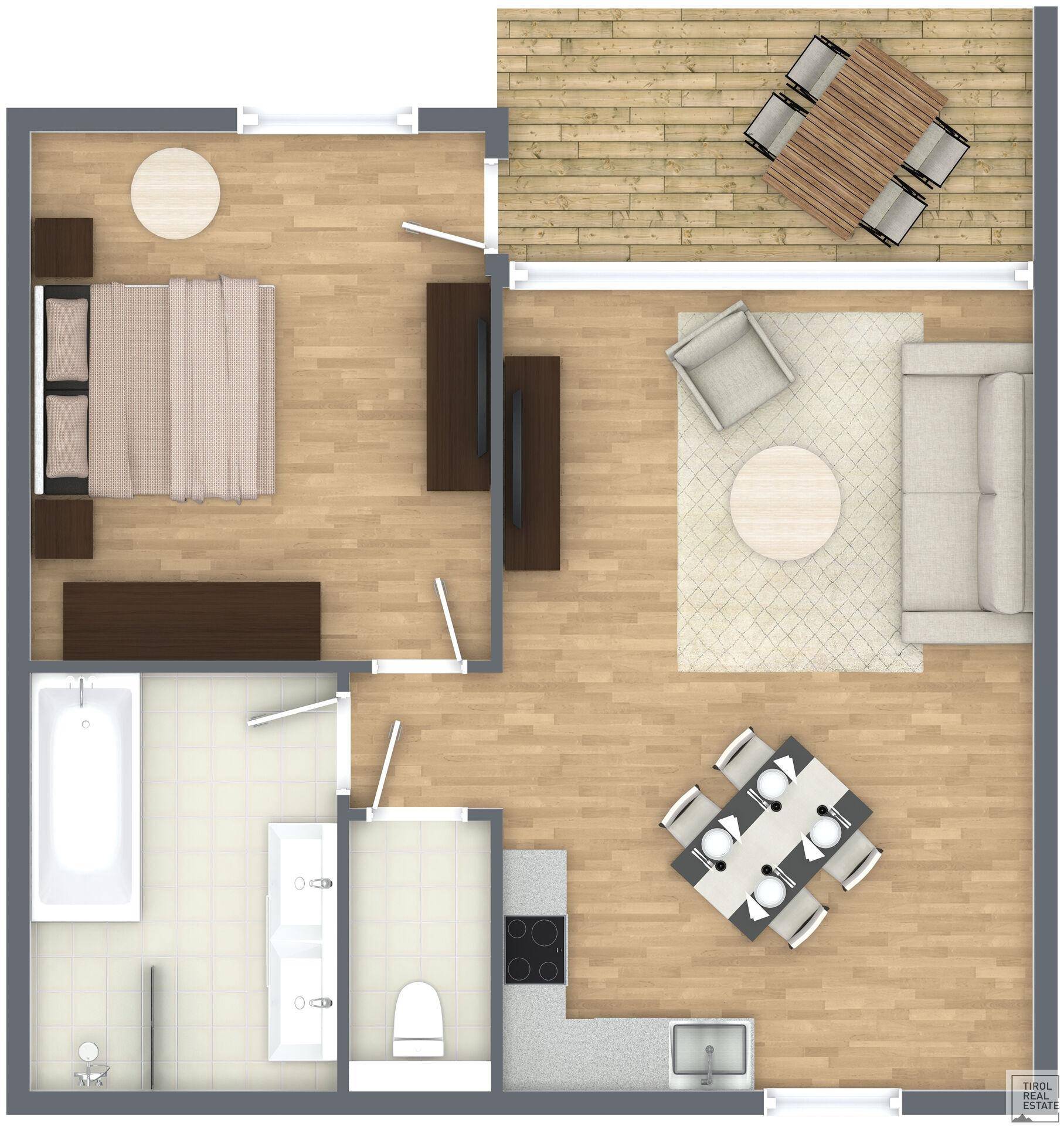 Detaillierter Grundriss einer Wohnung mit Schlafzimmer, Wohnbereich und Terrasse.