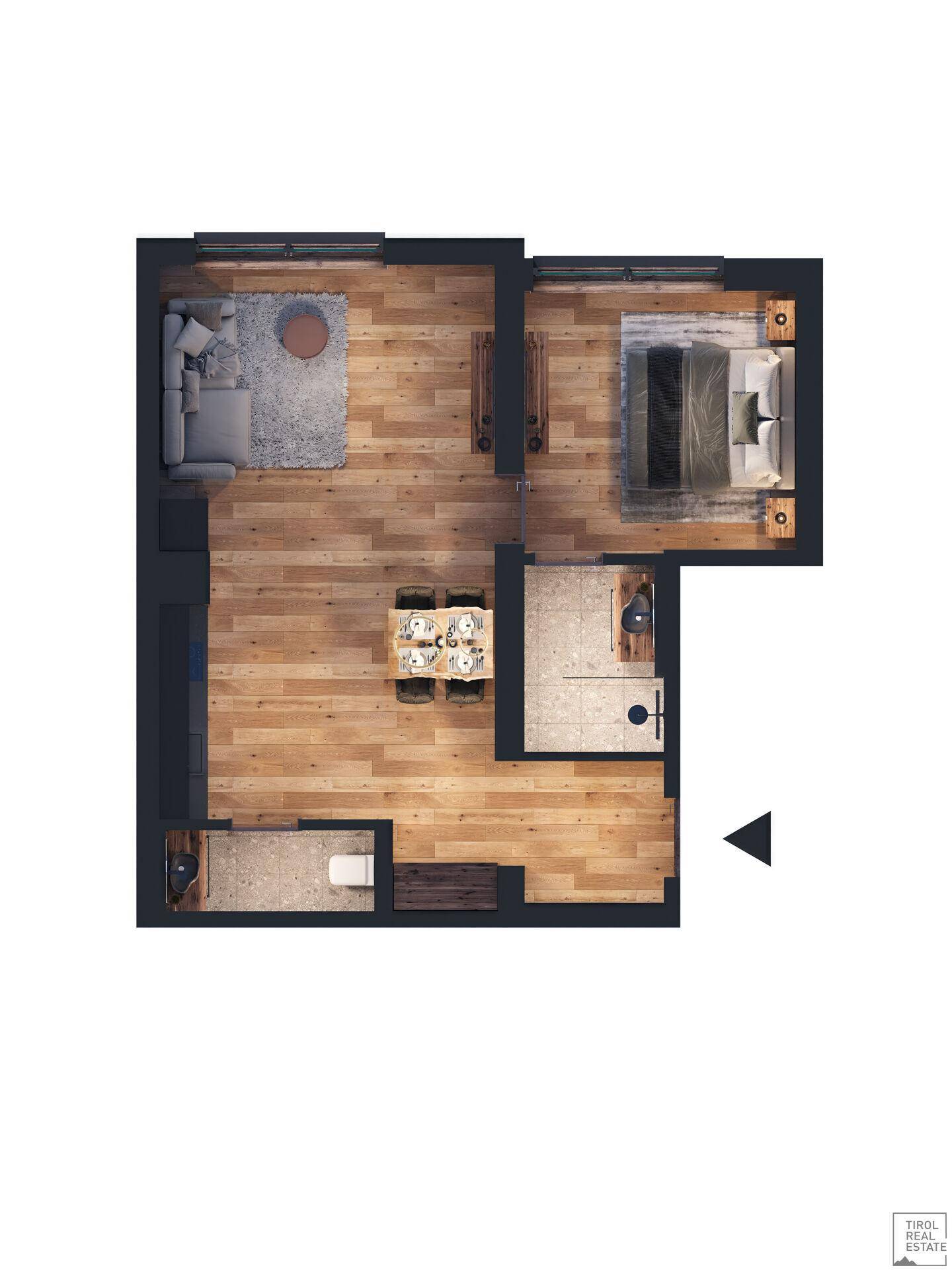 Detaillierter Grundriss einer Wohnung mit offenem Wohnbereich, Schlafzimmer und Bad.