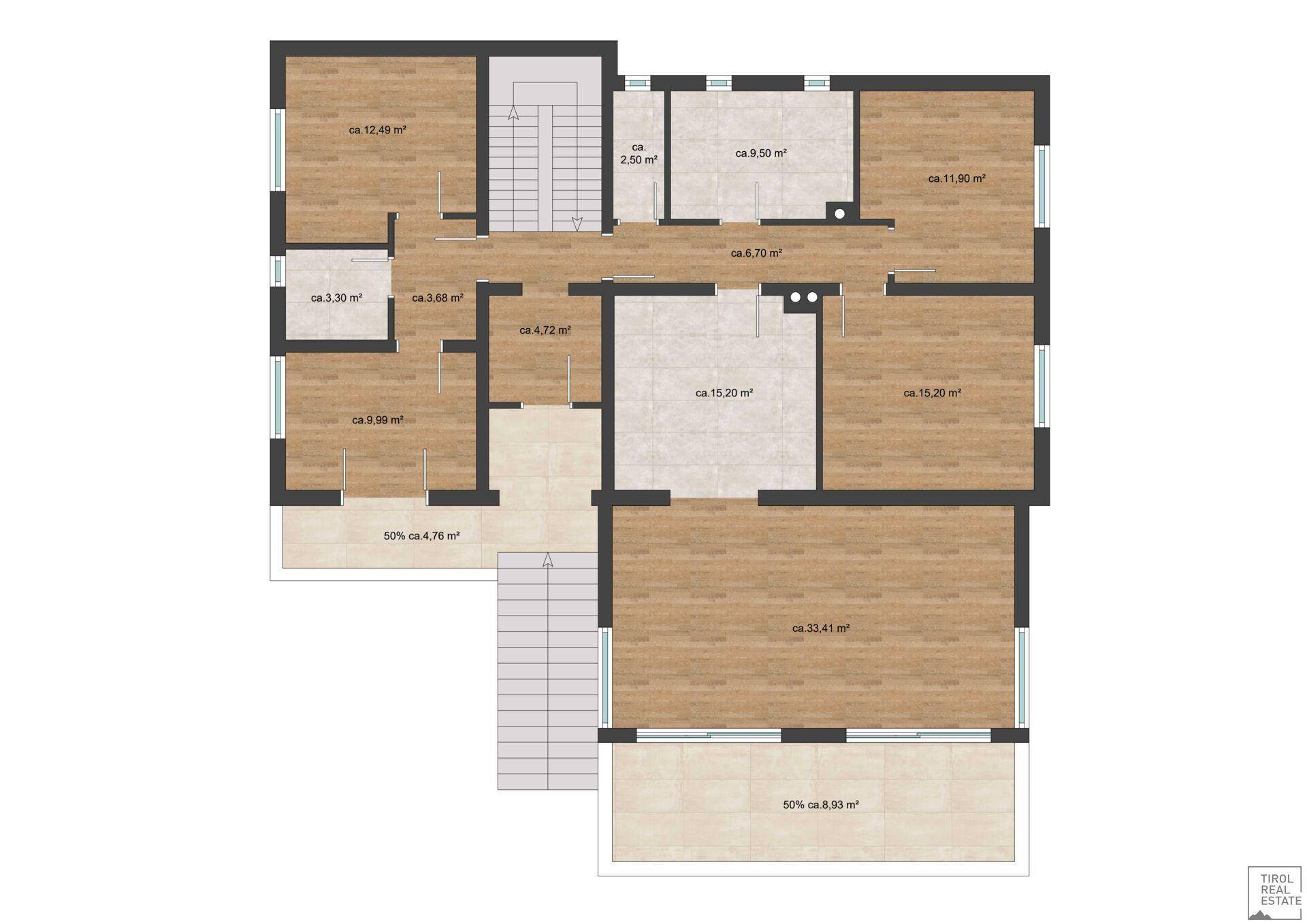 Grundriss des Erdgeschosses mit mehreren Zimmern, Balkon und dem Zugang zum Treppenhaus.
