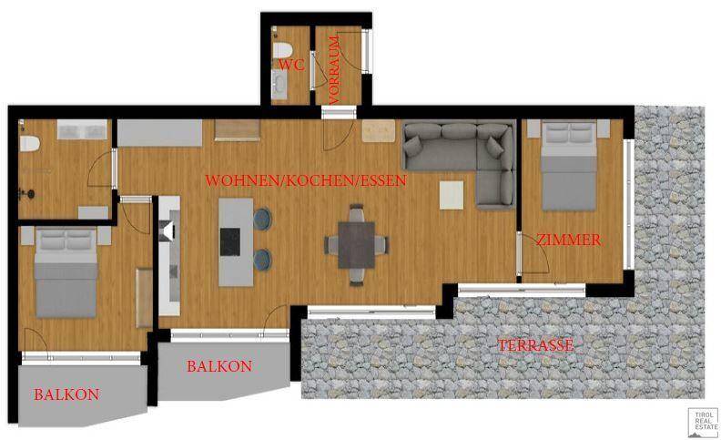 Grundriss einer Wohnung mit zwei Schlafzimmern, offenem Wohnbereich, Balkonen und Terrasse.