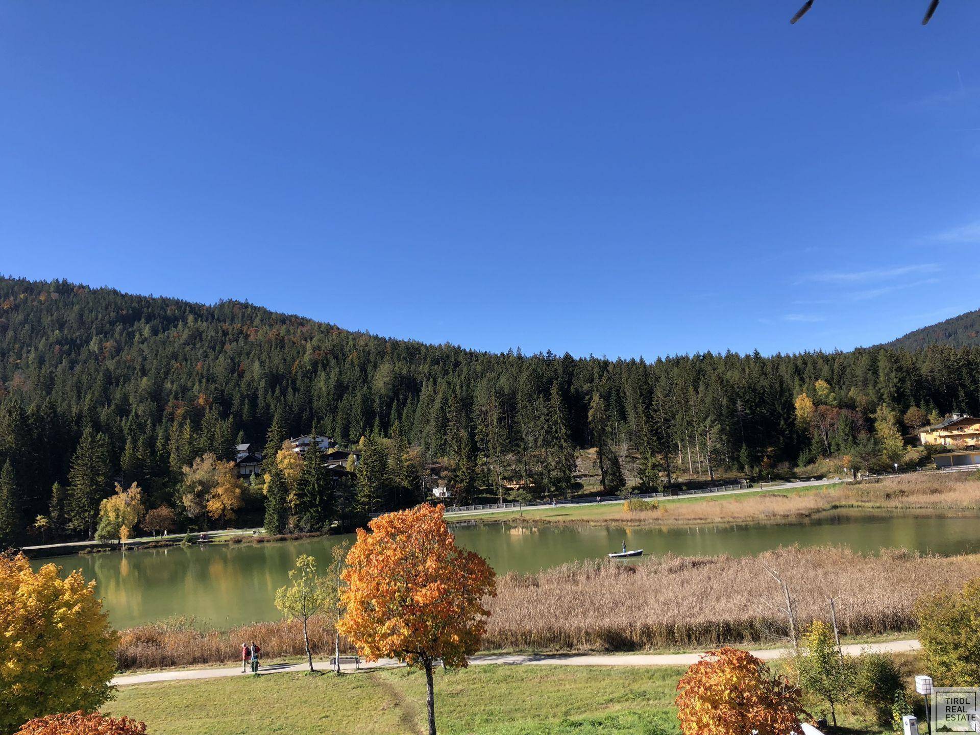 Malerischer Blick auf einen See umgeben von Wäldern und Bergen mit herbstlicher Vegetation.