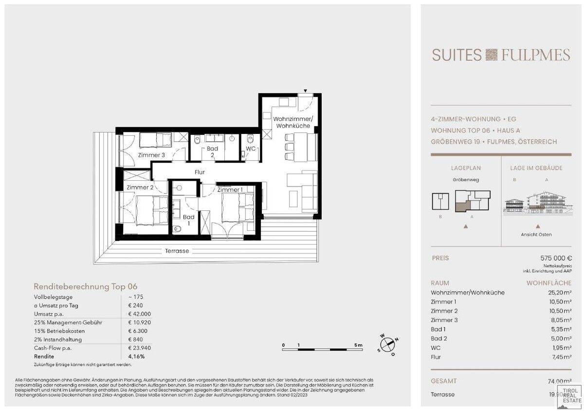 Grundriss einer 4-Zimmer-Wohnung mit Terrasse und drei Schlafzimmern.