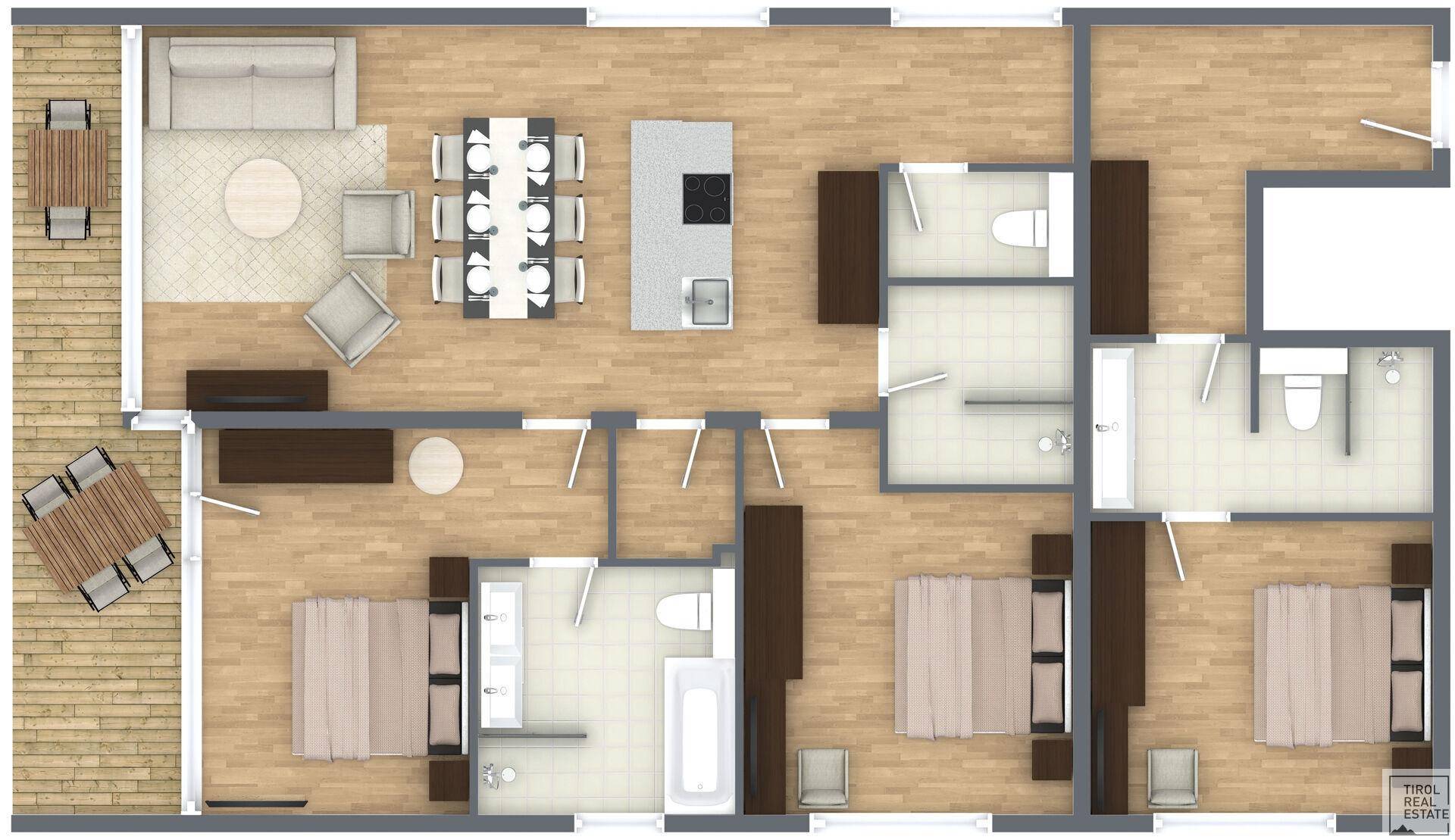 Detaillierter Grundriss einer Wohnung mit drei Schlafzimmern, offenem Wohnbereich und Balkon.