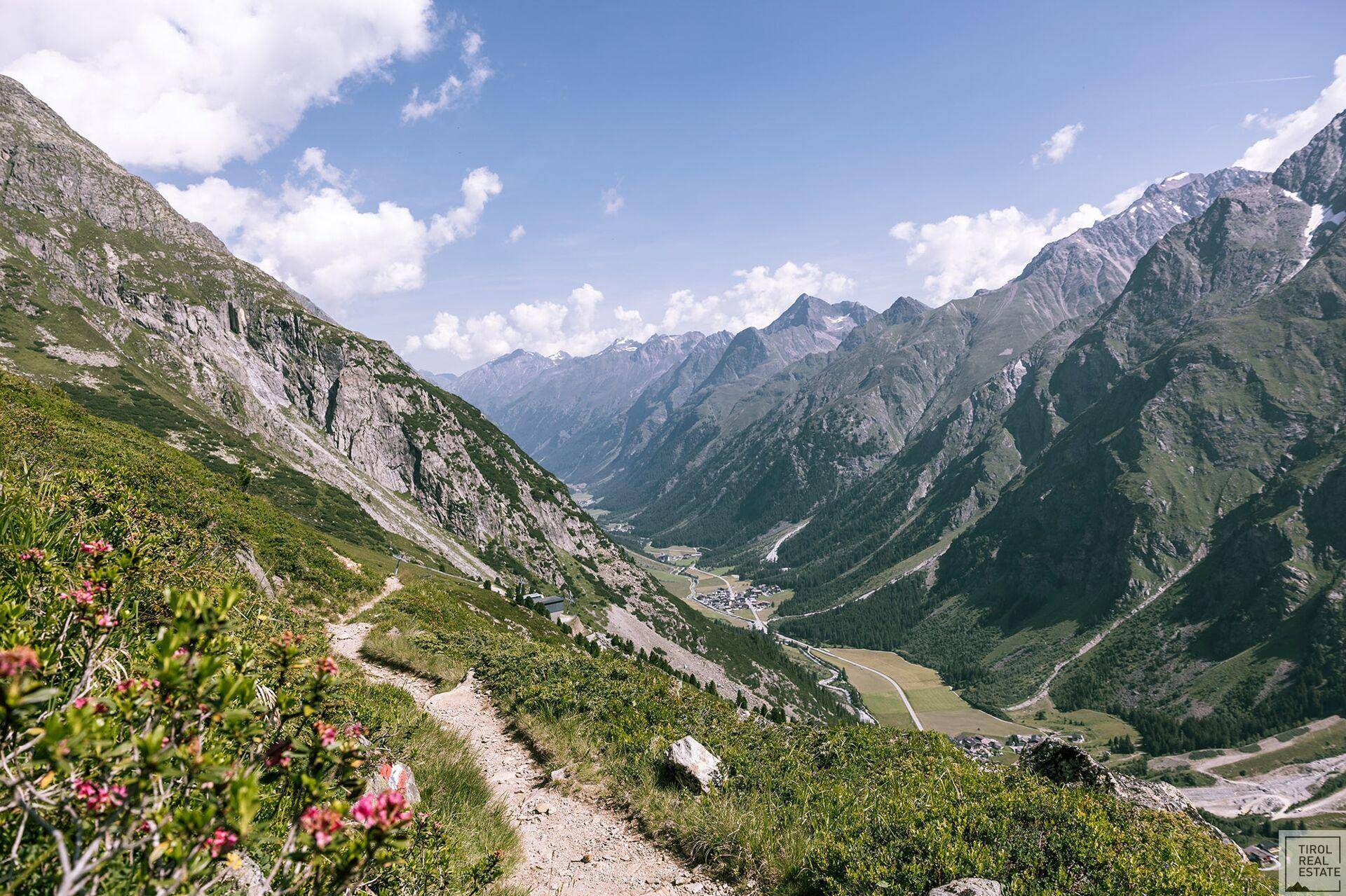 Malerisches Bergtal mit Wanderweg im Vordergrund und blühenden Pflanzen.