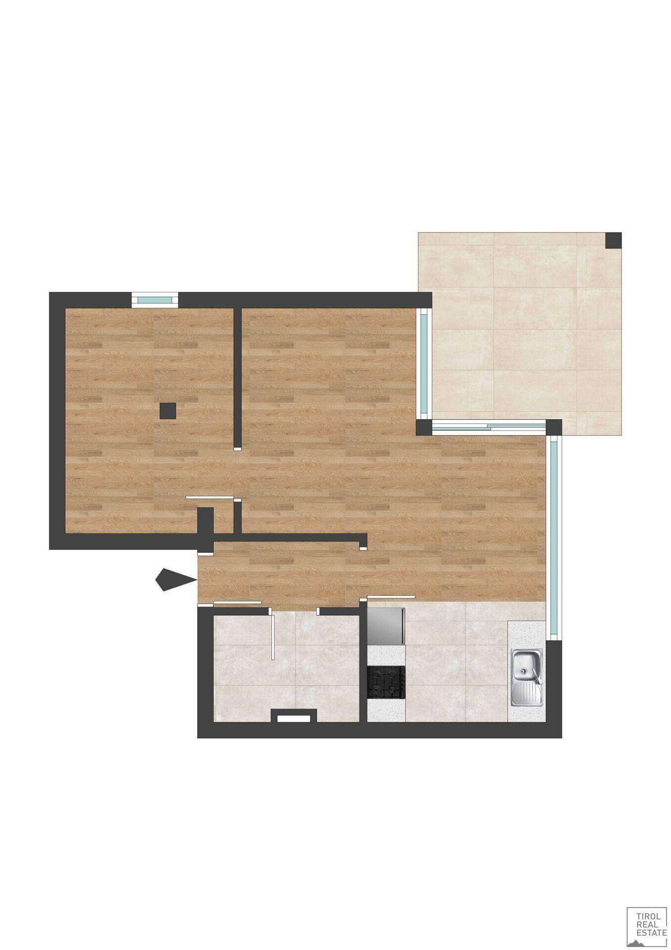 Grundrissplan einer Wohnung mit Holzboden, integrierter Küche und einer angrenzenden Terrasse.