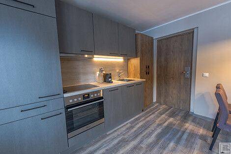Detailansicht der modernen Küchenzeile mit integrierten Geräten und Holzdetails.