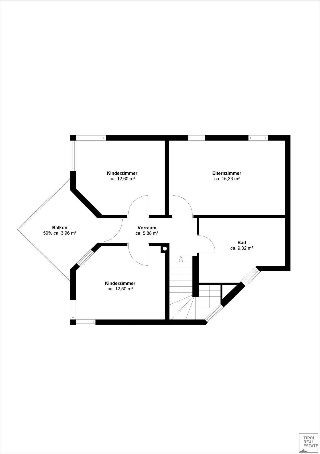 Grundriss des Obergeschosses mit zwei Kinderzimmern, Elternschlafzimmer, Bad und Balkon.