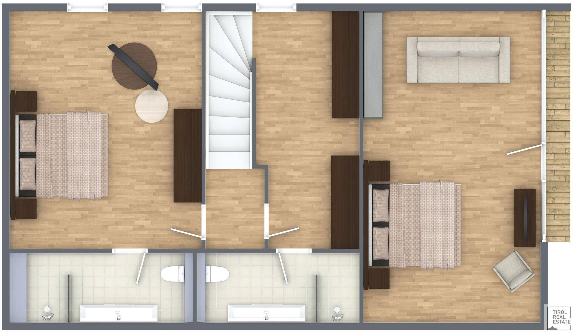 Grundrissplan mit zwei Schlafzimmern, zwei Bädern und Treppenaufgang.