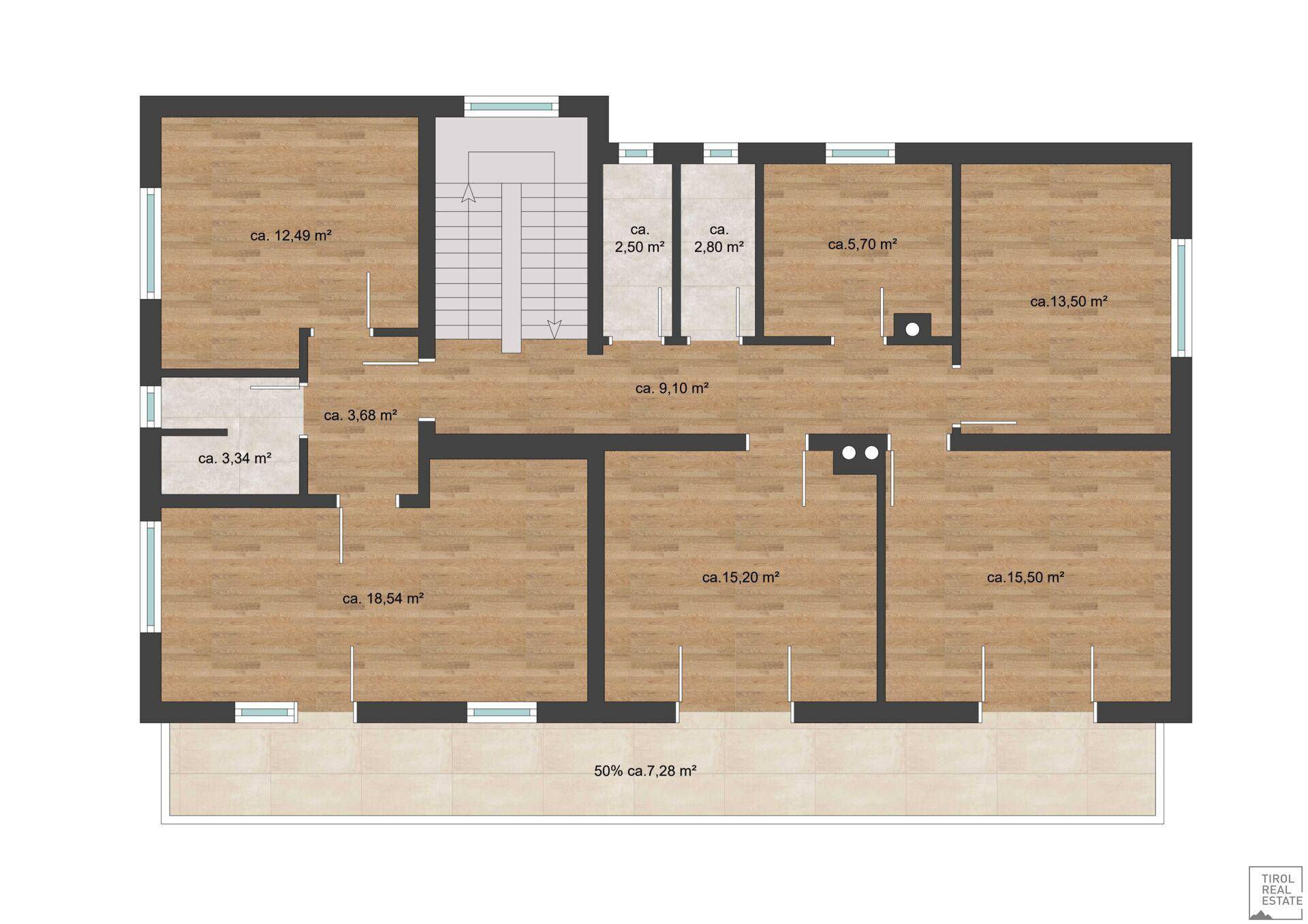 Grundriss des Obergeschosses mit Schlafzimmern und Zugang zu einem Balkon.