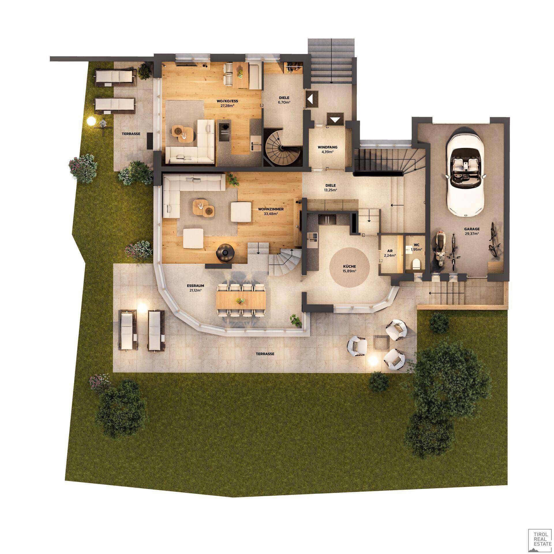 Detaillierter Grundriss des Erdgeschosses mit Wohn-, Essbereich, Terrasse und Garage.