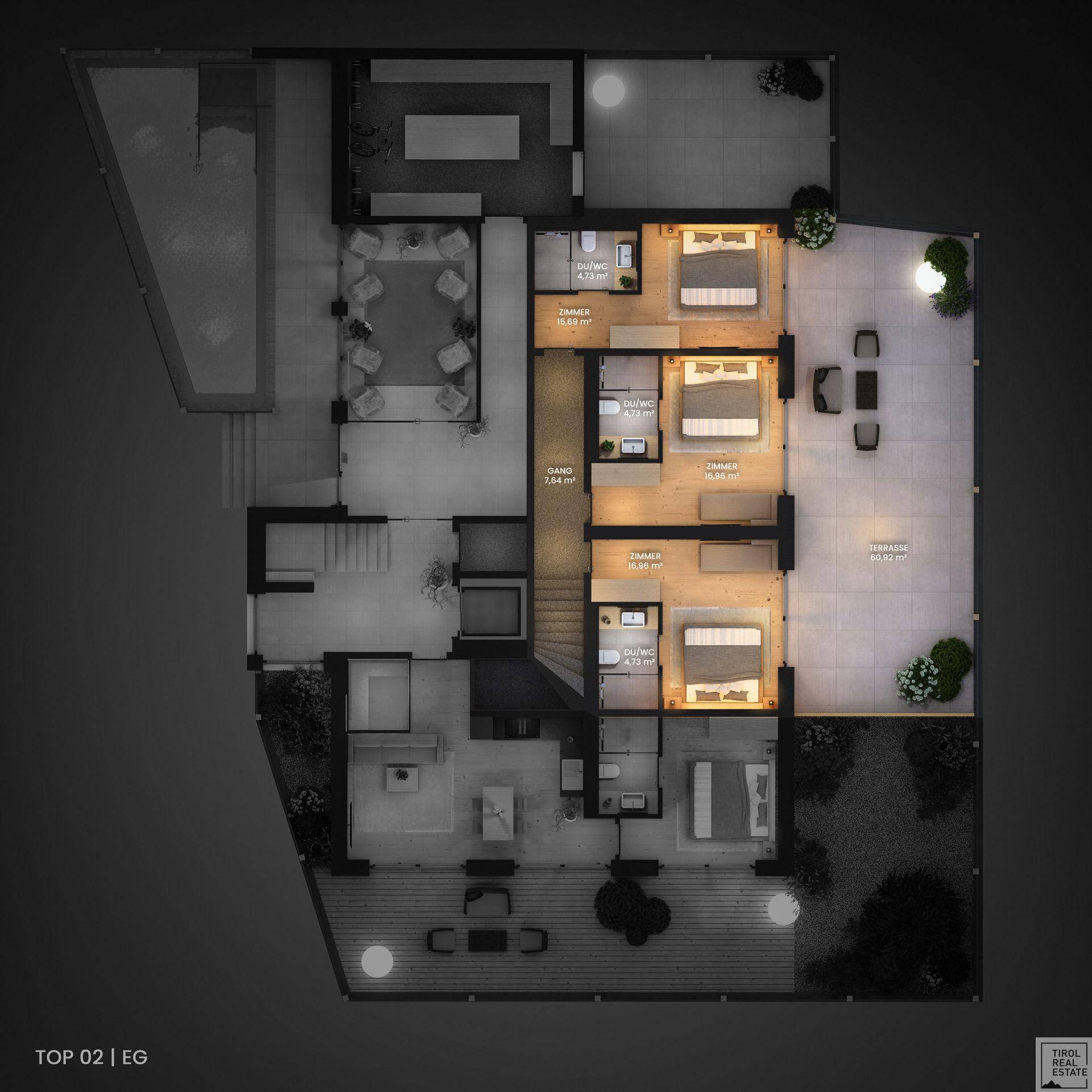 Detaillierter 3D-Grundriss des Erdgeschosses mit mehreren Schlafzimmern und Terrassen.