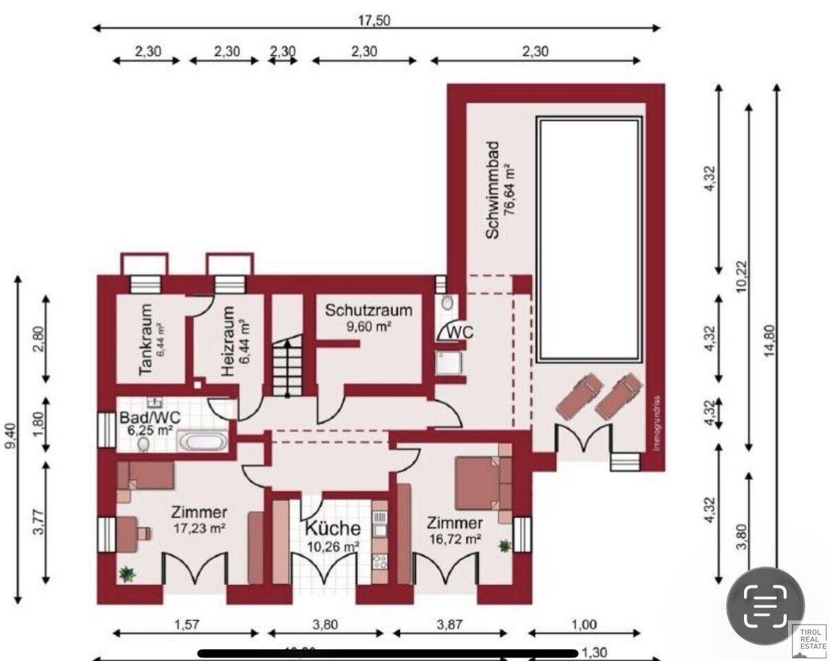 Grundriss des Untergeschosses mit Zimmern, Bad, separatem WC, Heizraum, Schutzraum und großem Innenpool.
