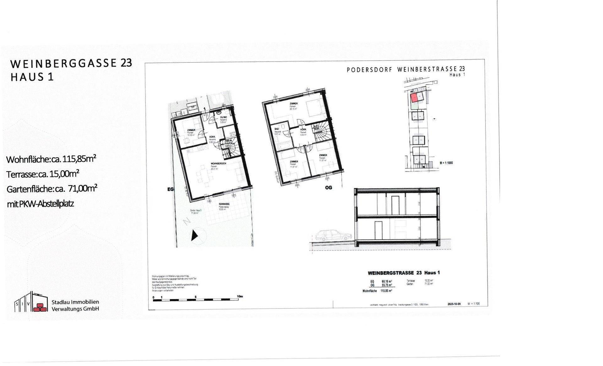 Grundriss und Schnittdarstellung für Haus 1 mit Wohn-, Terrassen- und Gartenflächenangaben.