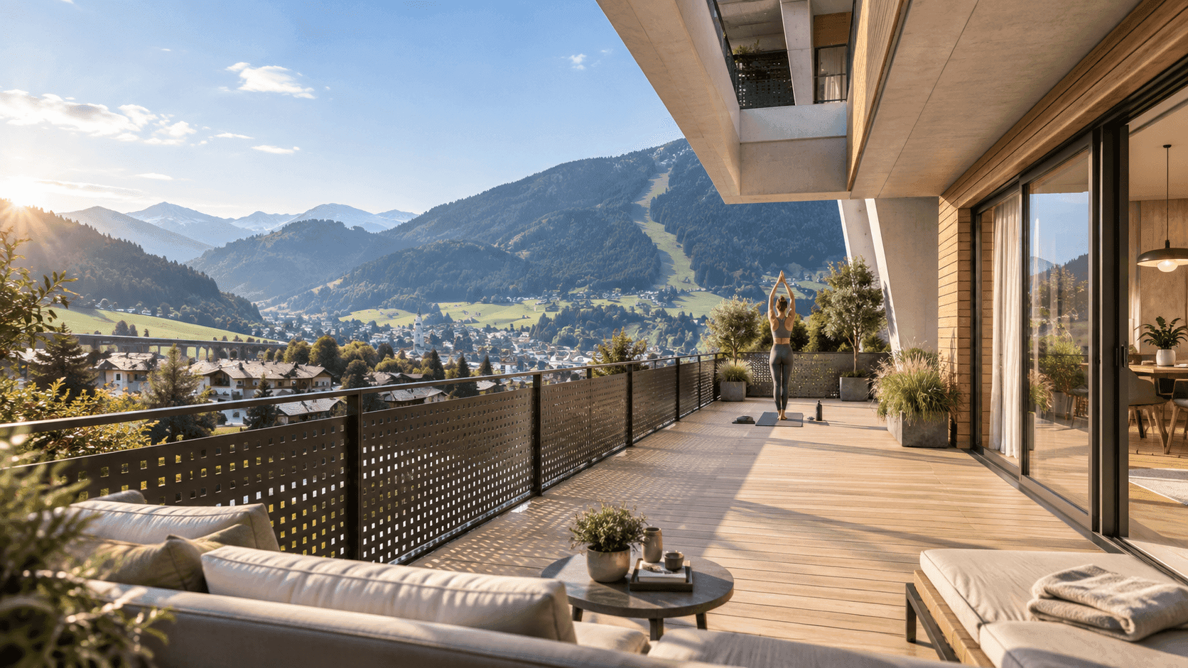 Großzügige Holzterrasse mit Lounge-Möbeln und atemberaubendem Blick auf die umliegende Berglandschaft.