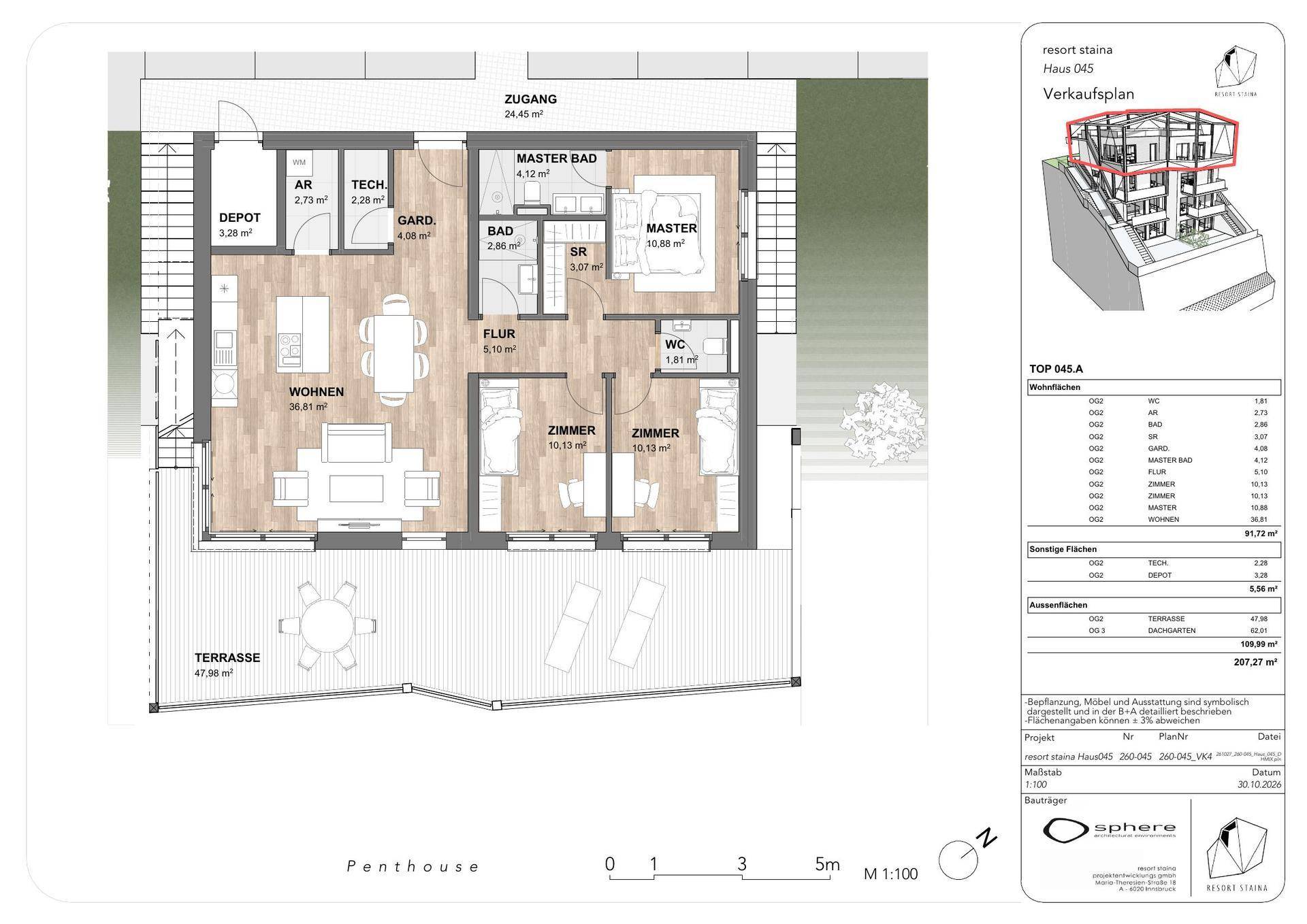 Grundriss eines Penthouses mit offenem Wohnbereich, zwei Schlafzimmern, zwei Bädern und großer Terrasse.