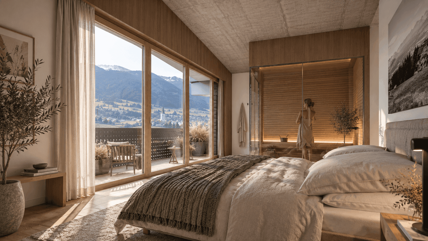 Helles Schlafzimmer mit Holzelementen, integrierter Sauna und großem Balkon mit beeindruckendem Bergblick.