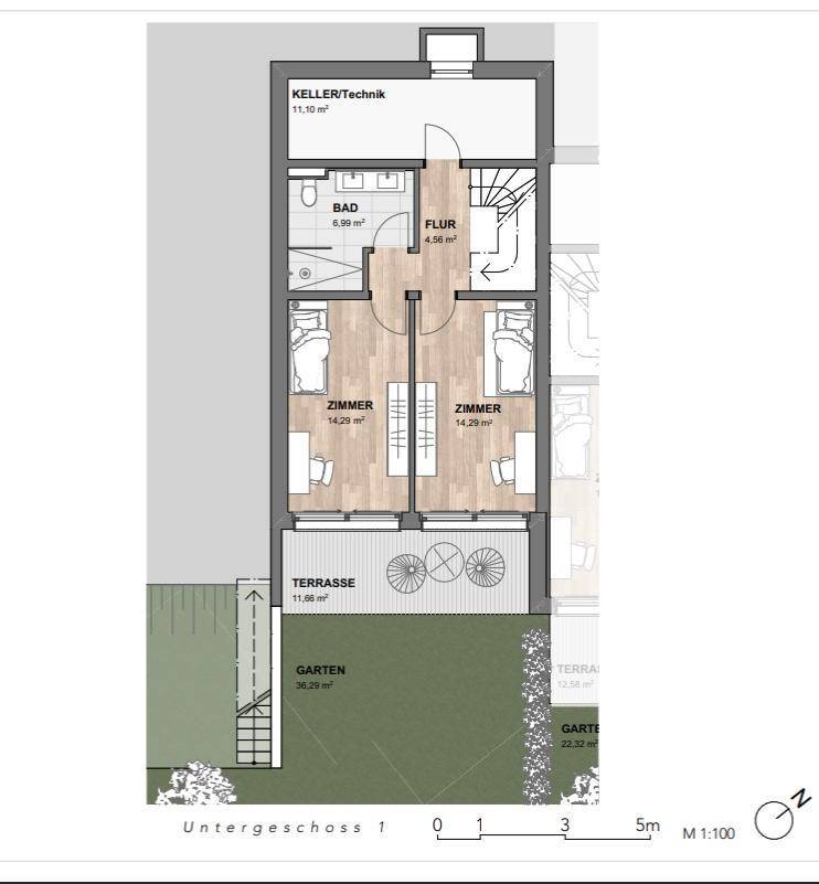 Grundriss des Untergeschosses mit zwei Schlafzimmern, Bad, Flur und Zugang zu Terrasse und Garten.