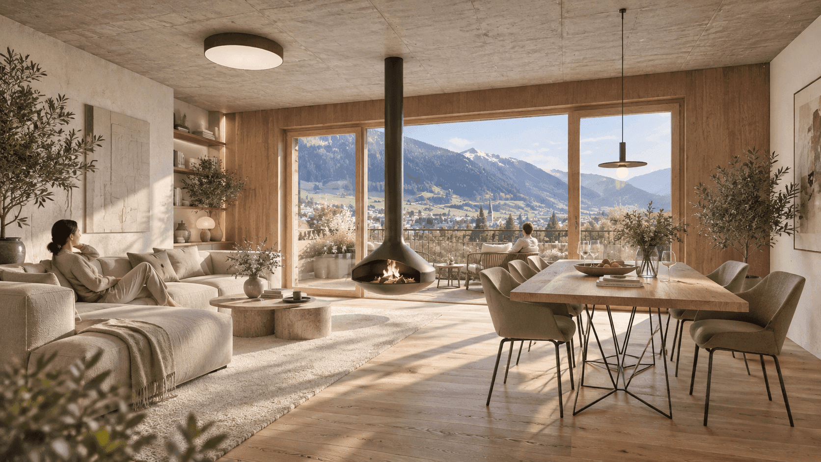 Lichtdurchfluteter Wohn-Essbereich mit modernem Kamin, Holzboden und Panoramablick auf die Berge.