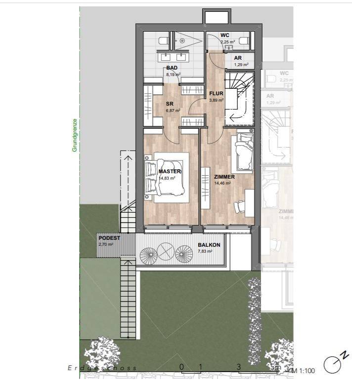 Grundriss des Erdgeschosses mit Hauptschlafzimmer, weiterem Zimmer, Bad, WC und Balkonzugang.