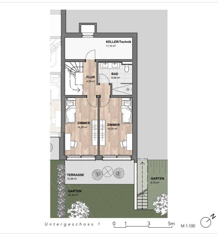 Grundriss des Untergeschosses mit zwei Zimmern, Bad, Keller und Zugang zu Terrasse und Garten.