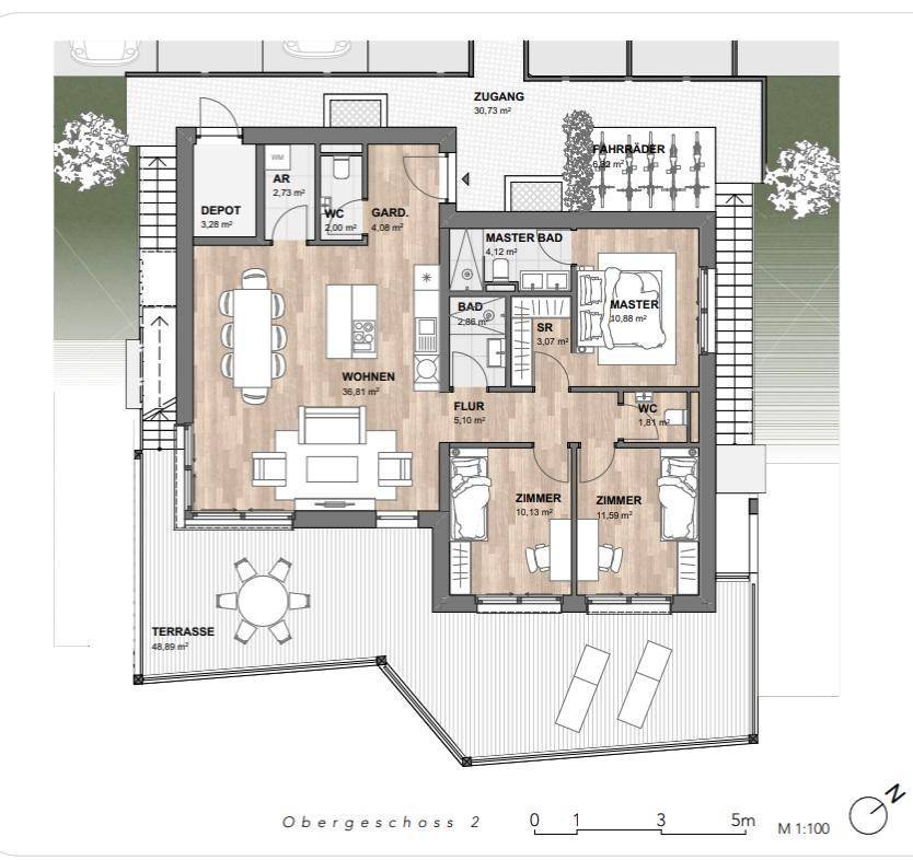 Detaillierter Grundriss des Obergeschosses mit offenem Wohnbereich, drei Zimmern und großer Terrasse.