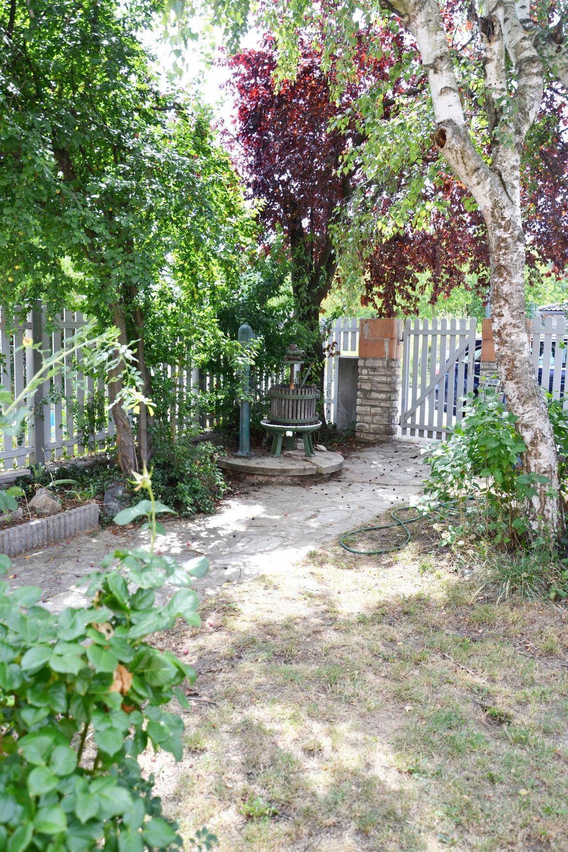 Gartenweg mit Bäumen und einem Holzzaun, der zum Eingang führt.