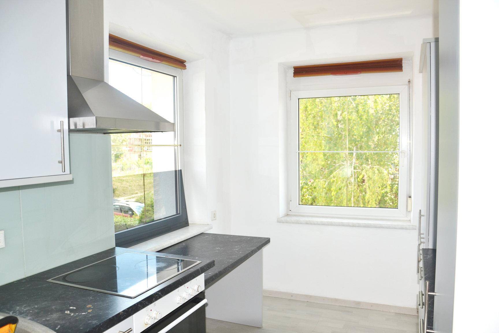 Moderne Küche mit schwarzer Arbeitsplatte, Induktionskochfeld und Blick ins Grüne.
