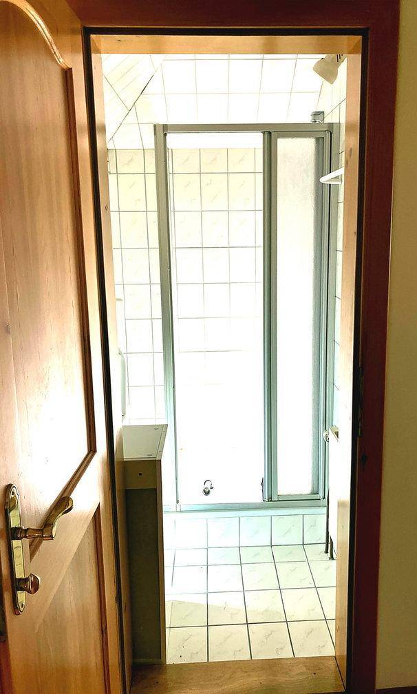 Blick durch eine Holztür in einen gefliesten Duschbereich mit Duschkabine.