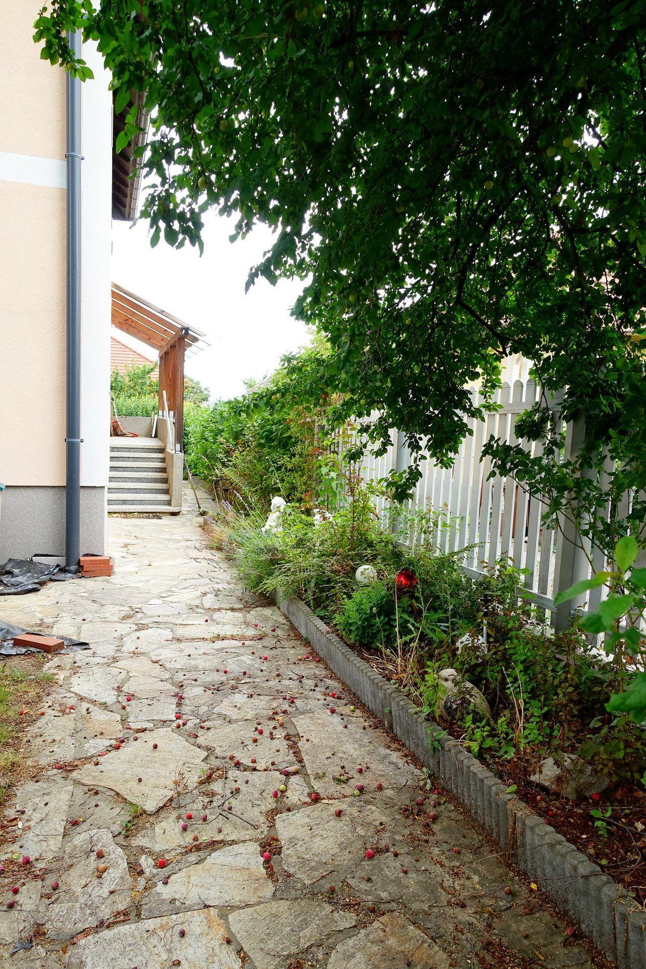 Steinplattenweg entlang des Hauses mit üppiger Bepflanzung und Holzzaun.