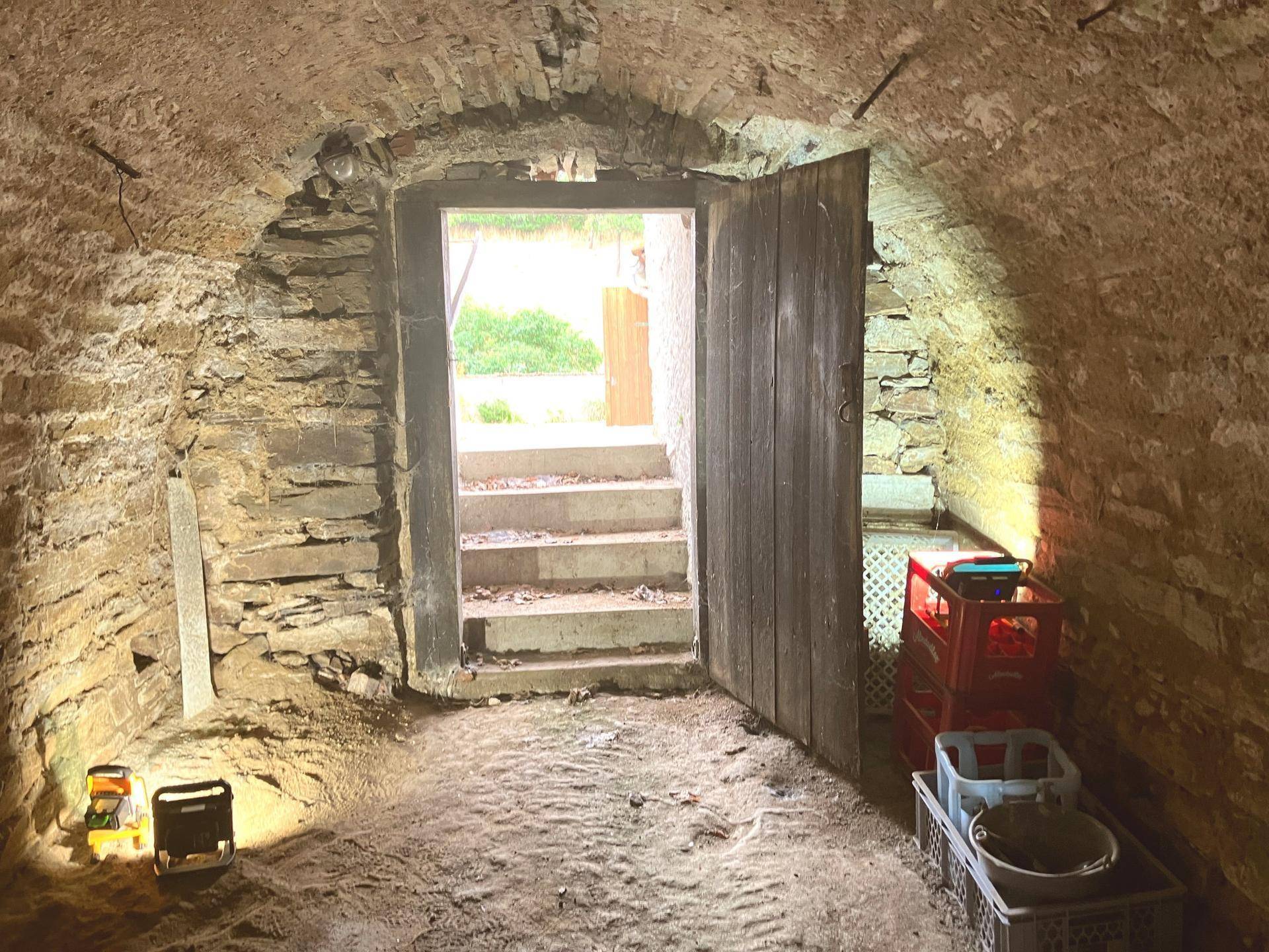 Alter Gewölbekeller mit Natursteinwänden und einem Ausgang ins Freie über Steinstufen.
