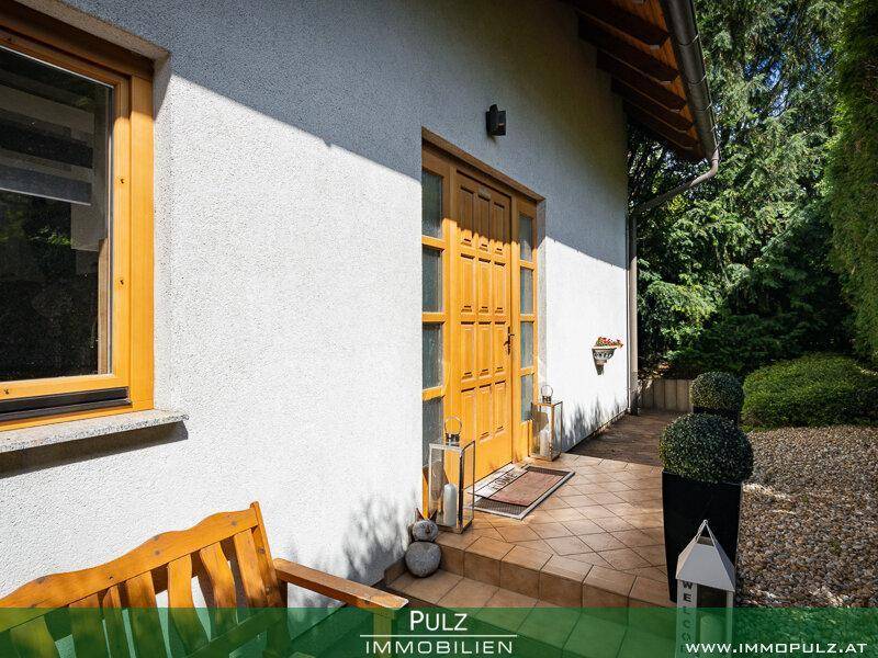 Eingangsbereich des Hauses mit Holztür, gefliestem Vorplatz und dekorativen Pflanzen.