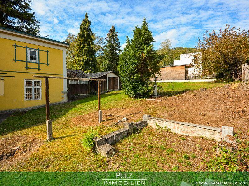 Hinterer Gartenbereich des Hauses mit Schuppen und vorbereiteten Beeten, umgeben von Bäumen.