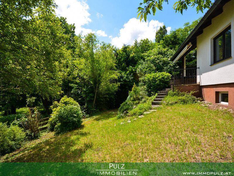 Hinterer Gartenbereich mit Hanglage, üppiger Vegetation und Treppen, die zum Haus führen.