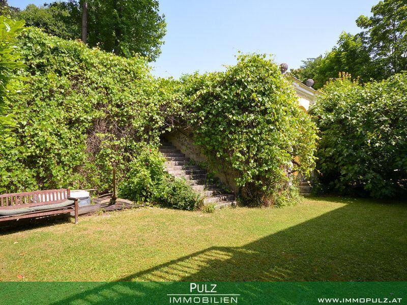 Gepflegter Gartenbereich mit einer von Efeu bewachsenen Steintreppe und einer Holzbank.