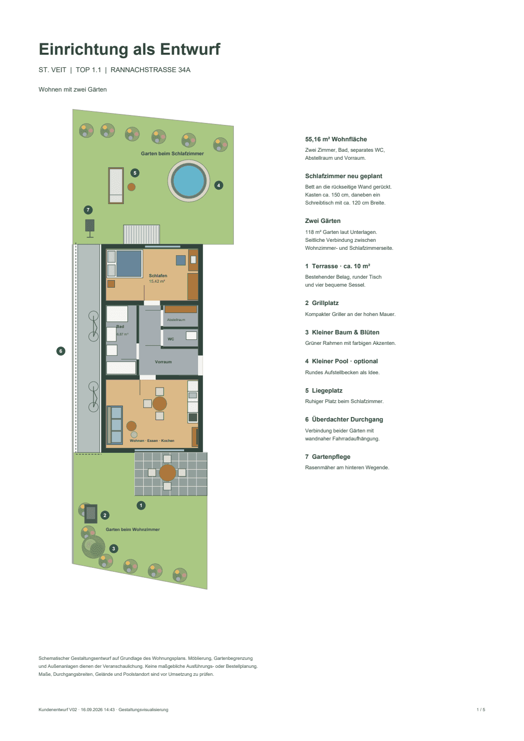 Detaillierter Grundriss einer Wohnung mit zwei Gärten, Terrasse und optionalem Pool.
