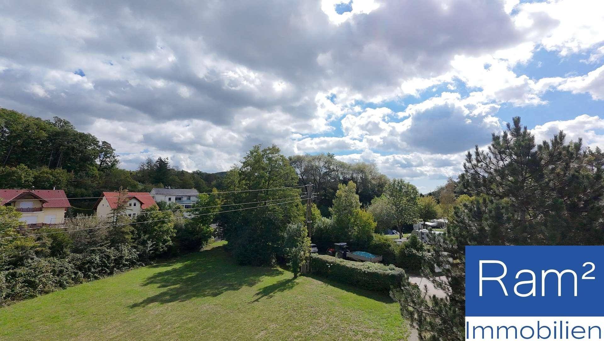 Blick über eine grüne Fläche auf eine Wohnstraße mit Häusern und Fahrzeugen.