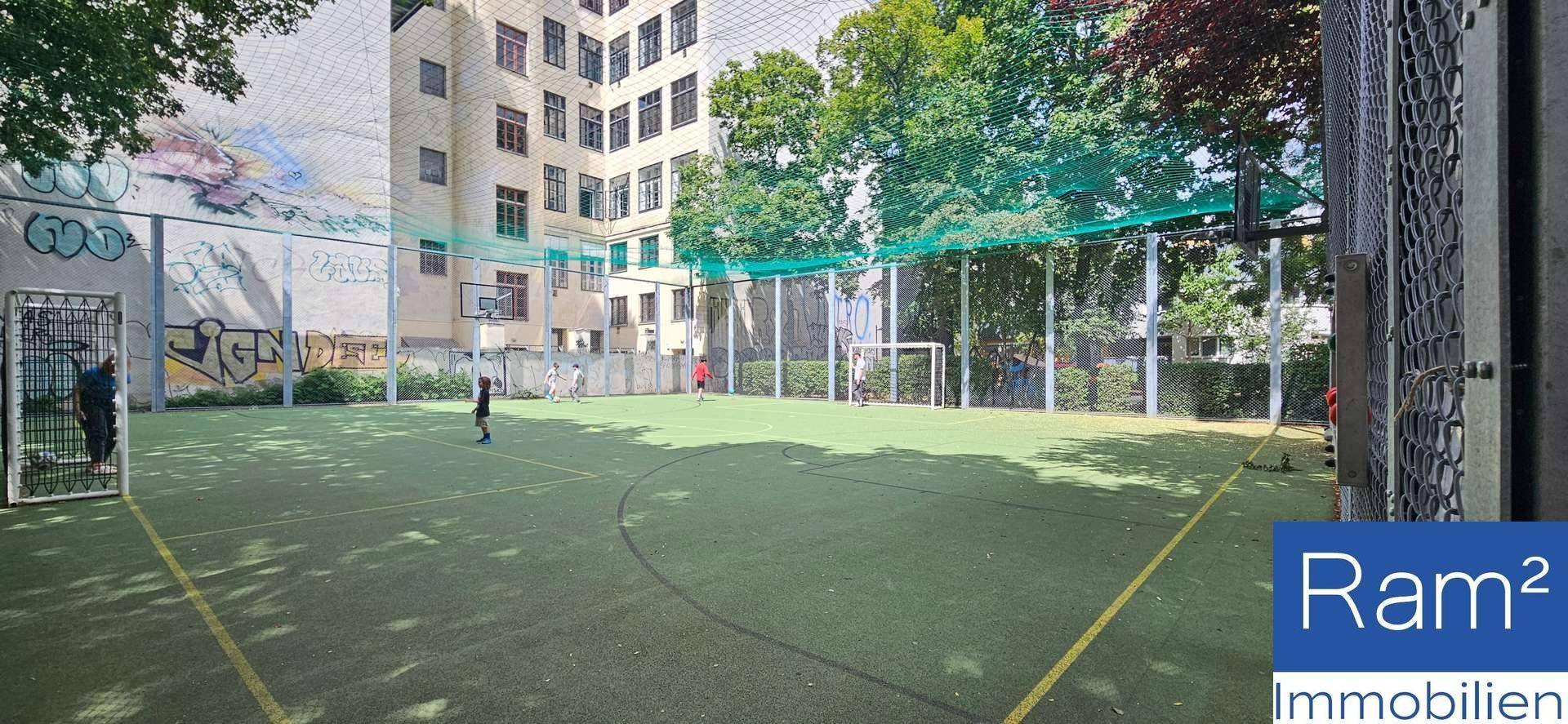 Sportplatz mit Kunstrasen und Toren, umgeben von Gebäuden und Bäumen.
