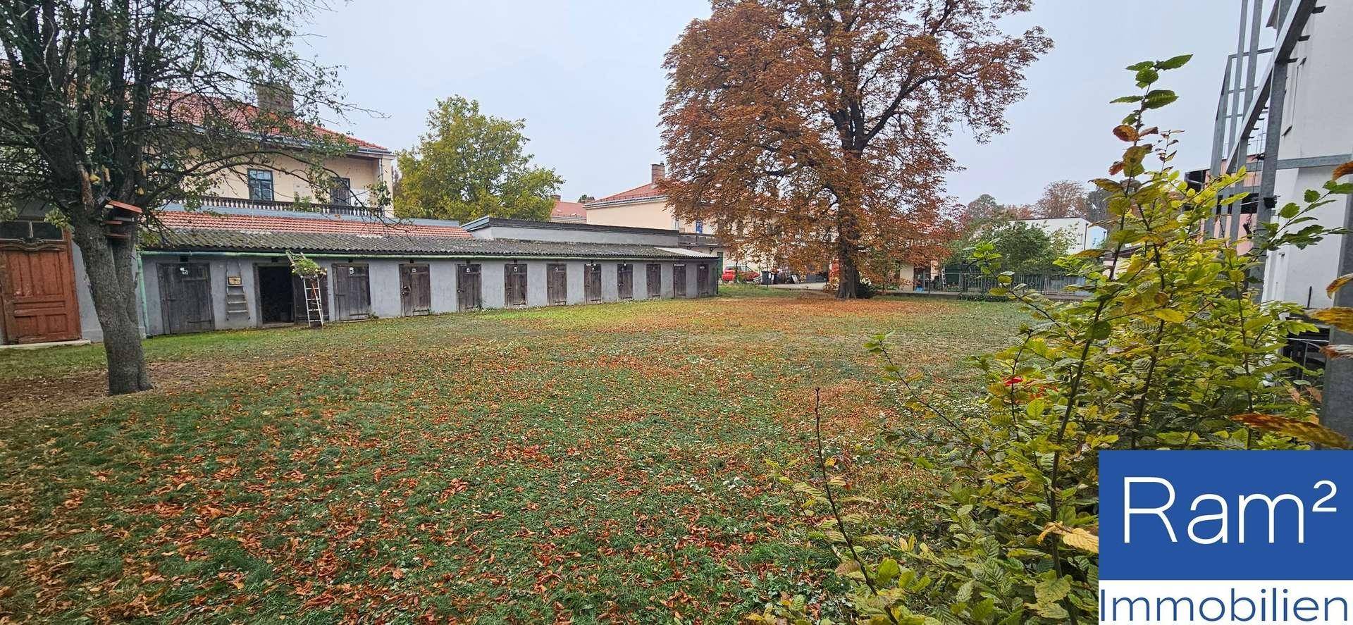 Weitläufige Rasenfläche im Garten mit Herbstlaub und mehreren kleinen Schuppen.