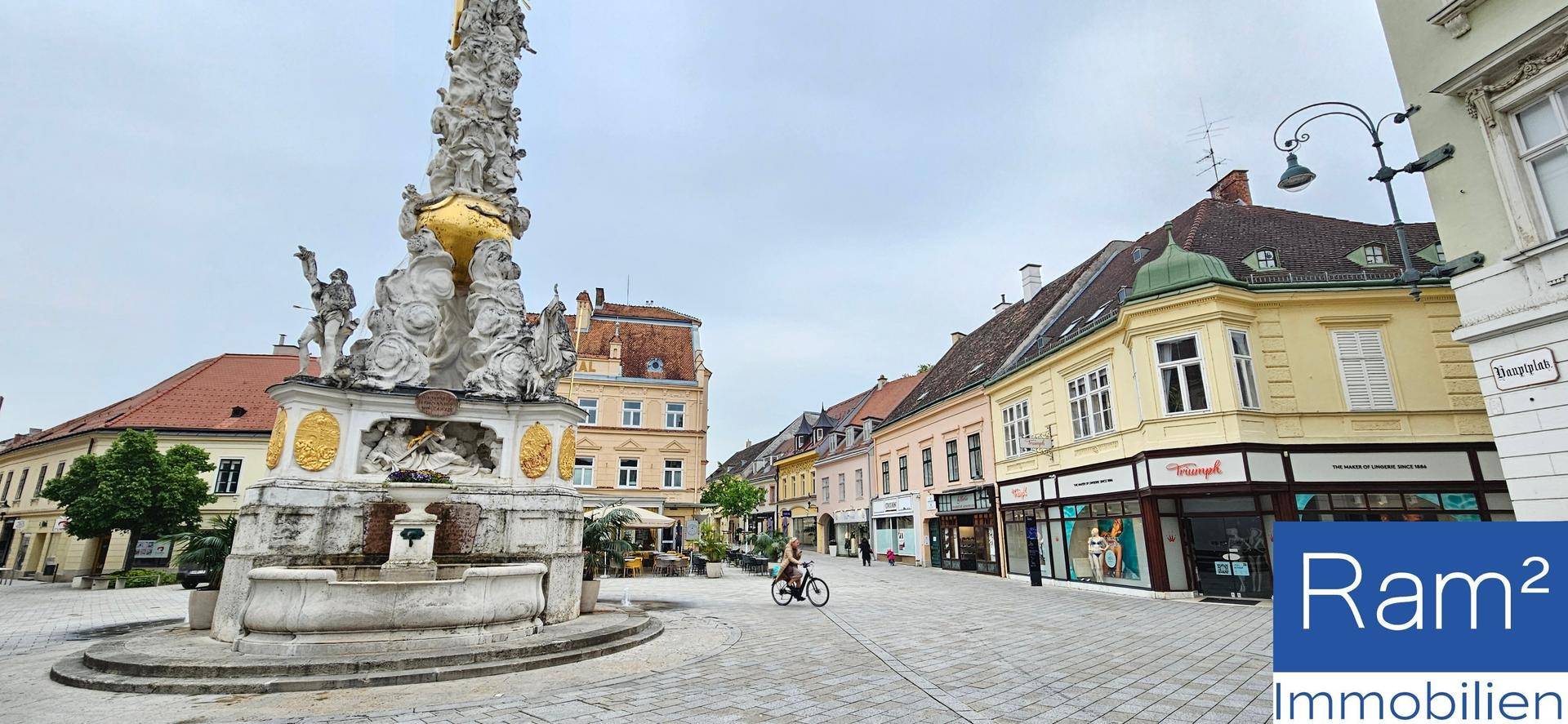 Historischer Stadtplatz mit einem imposanten Denkmal und umliegenden Gebäuden unter bewölktem Himmel.