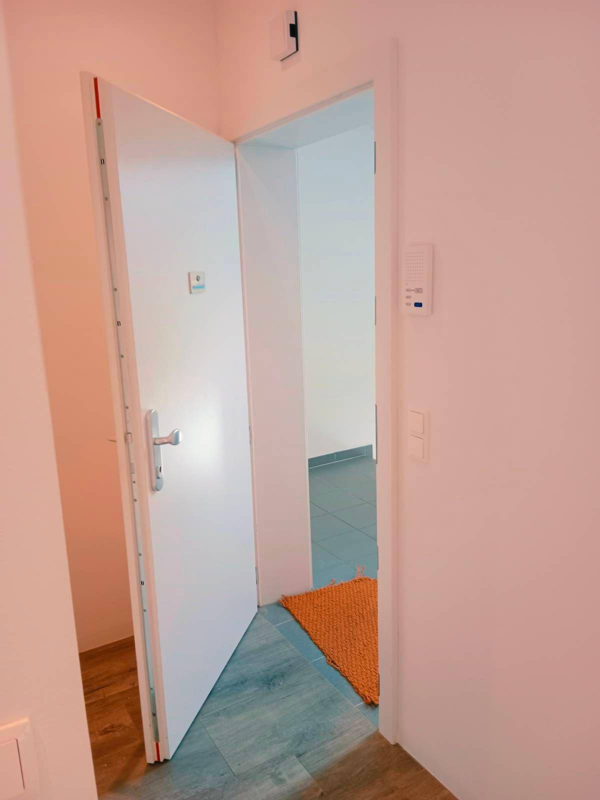 Eingangsbereich mit offener Wohnungstür und Blick auf den Flur.