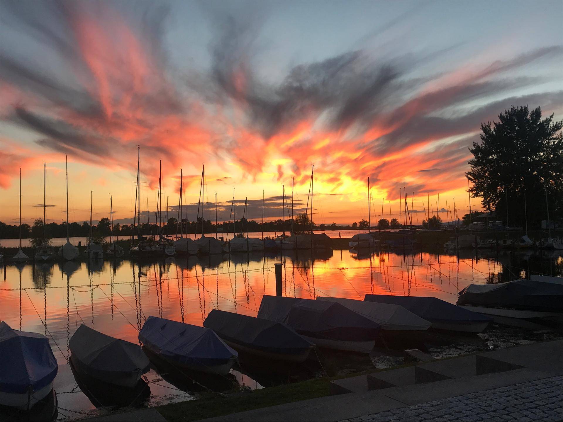 Malerischer Sonnenuntergang über dem Yachthafen mit Segelbooten und farbenprächtigem Himmel.