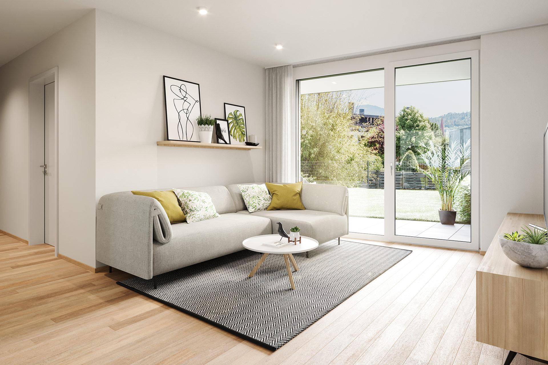 Helles Wohnzimmer mit modernem Sofa, Holzboden und großem Fenster zum Garten.