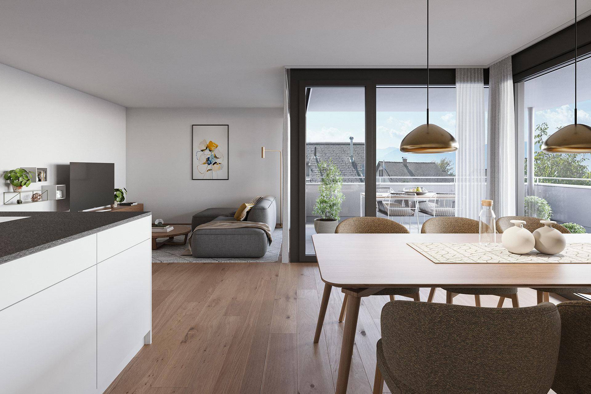 Heller Wohn- und Essbereich mit Holzboden, großen Fenstern und Zugang zum Balkon.
