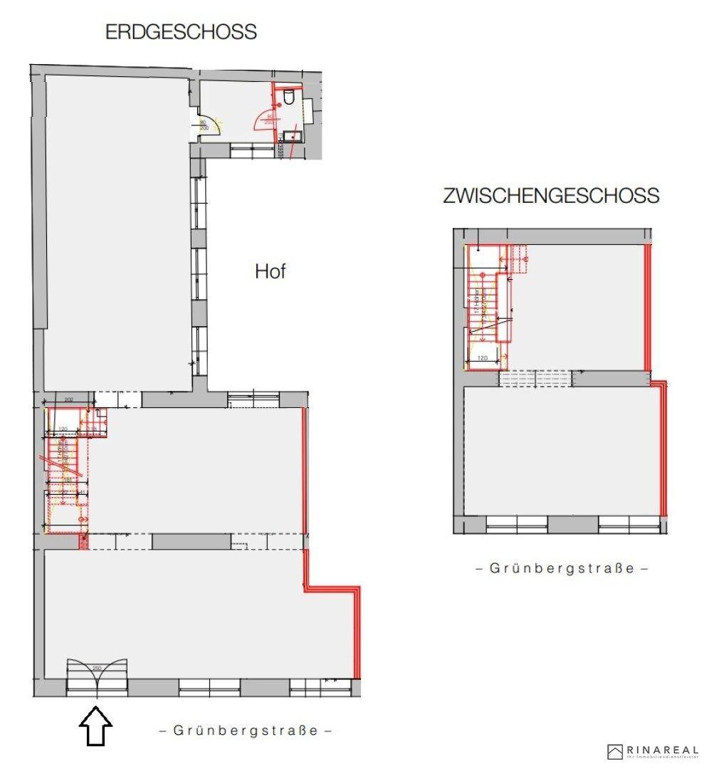 Grundrisse des Erdgeschosses und Zwischengeschosses mit Treppen und Raumaufteilung für ein Gebäude.