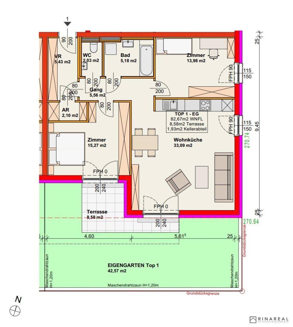 Detaillierter Grundriss einer Erdgeschosswohnung mit Terrasse und privatem Gartenanteil.
