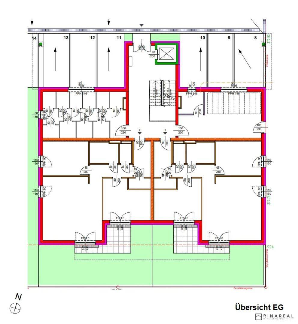 Übersichtsplan des Erdgeschosses mit mehreren Wohneinheiten und Tiefgaragenzufahrt.